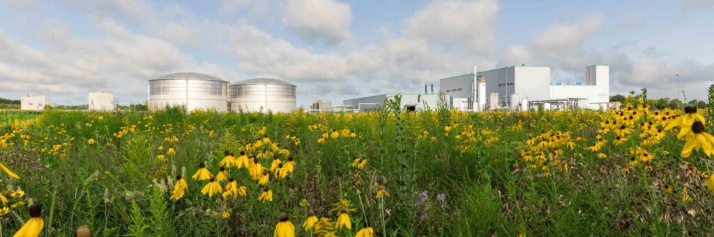 Sumitomo Biorational Osage manufacturing plant behind a field of native prairie flowers